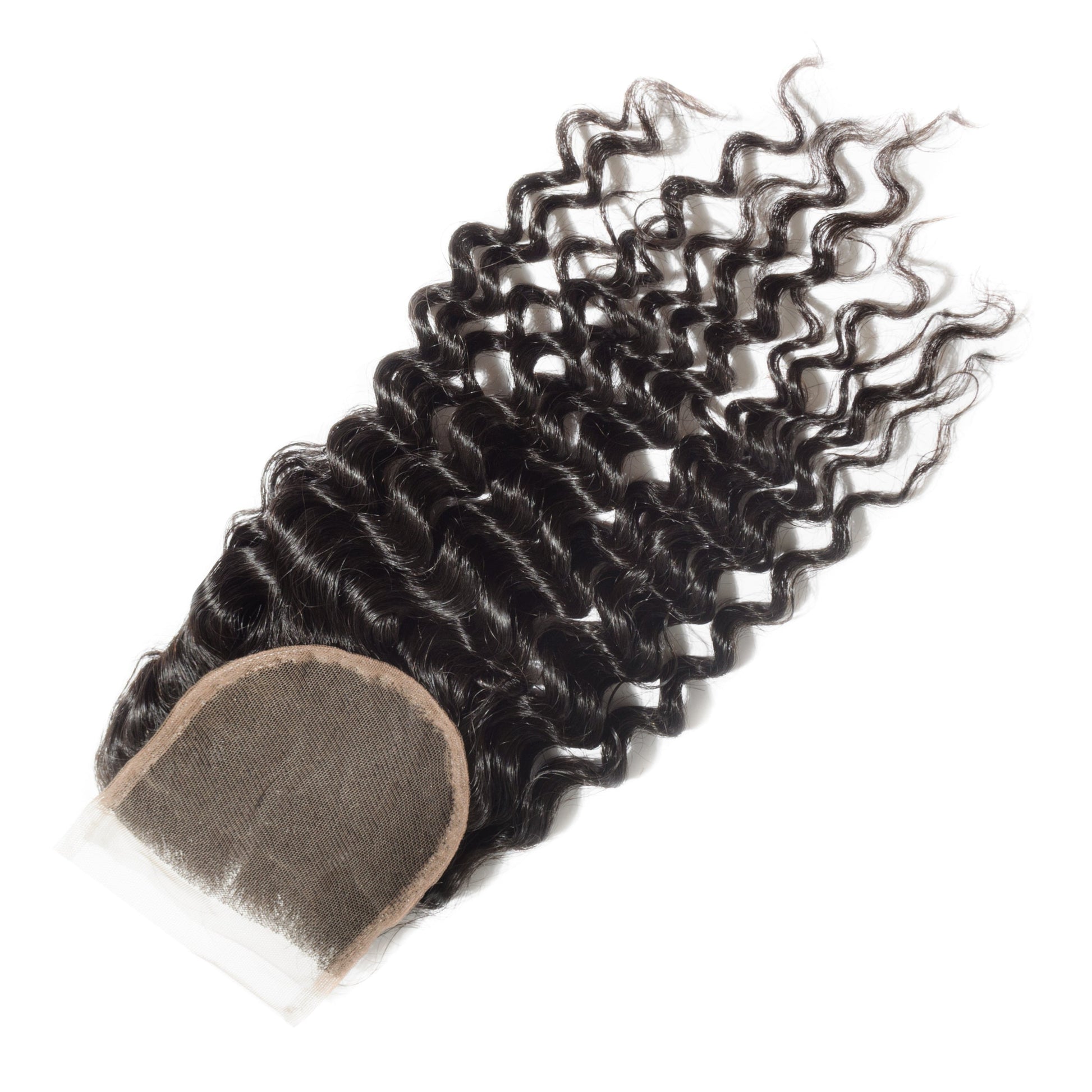 Curly hair extension with a lace closure on a white background